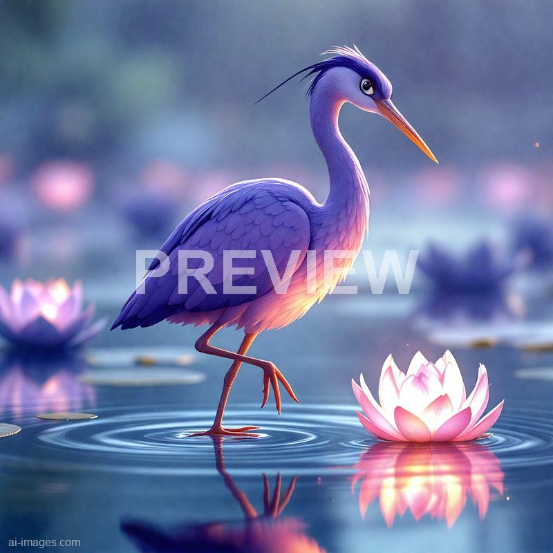 A beautifully illustrated scene features a purple heron standing gracefully on a calm water surface surrounded by blooming pink water lilies. The heron has elegant feathers with a mix of purple, pink, and blue hues, a long orange beak, and a distinctive crest on its head. The background is softly blurred with pastel tones, creating a serene and dreamlike atmosphere. The reflection of the heron and the flowers can be seen on the water, enhancing the tranquil mood of the scene.
